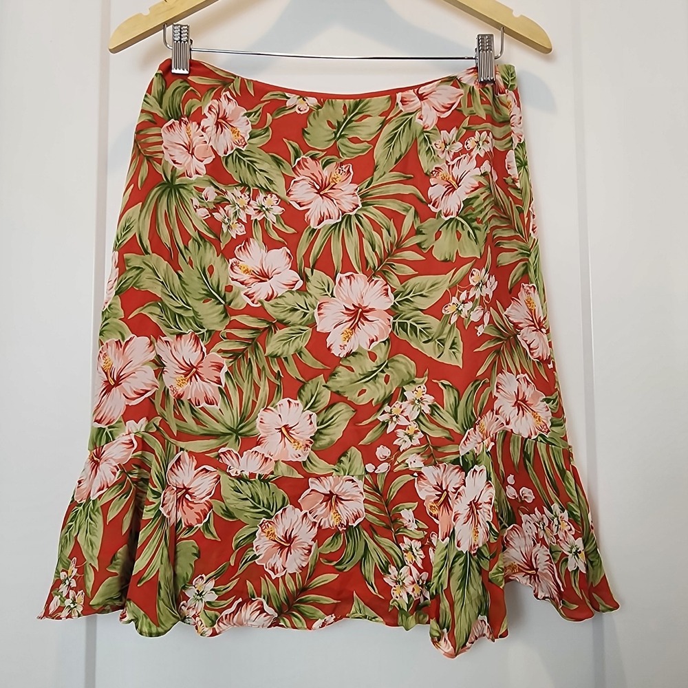 Jones NY Silk Mini Skirt 8 Red Floral Hibiscus Y2K Tropical Cruise Beachy Resort - Picture 4 of 12